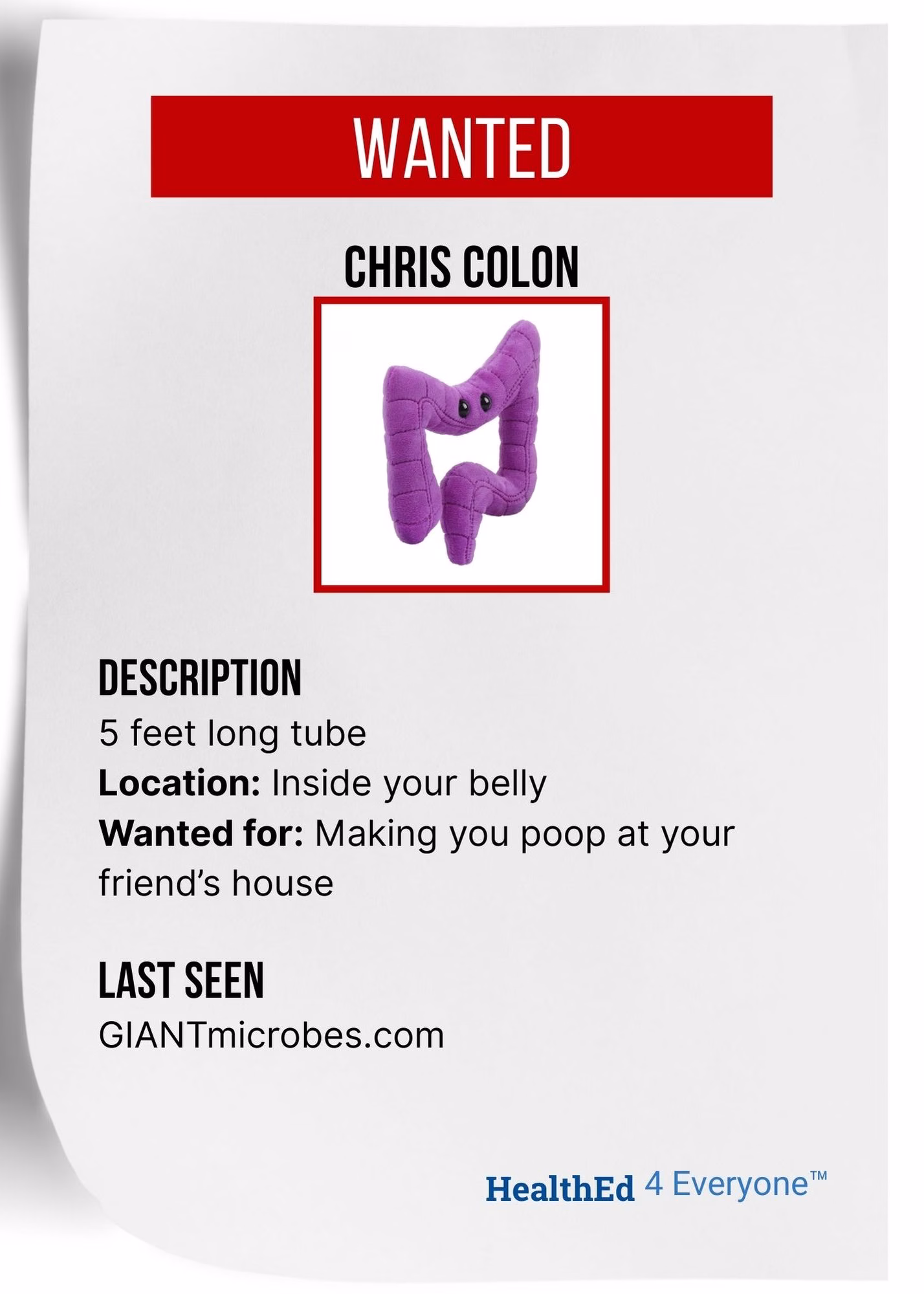 Chris Colon wanted poster displaying purple colon character with digestive system crime details