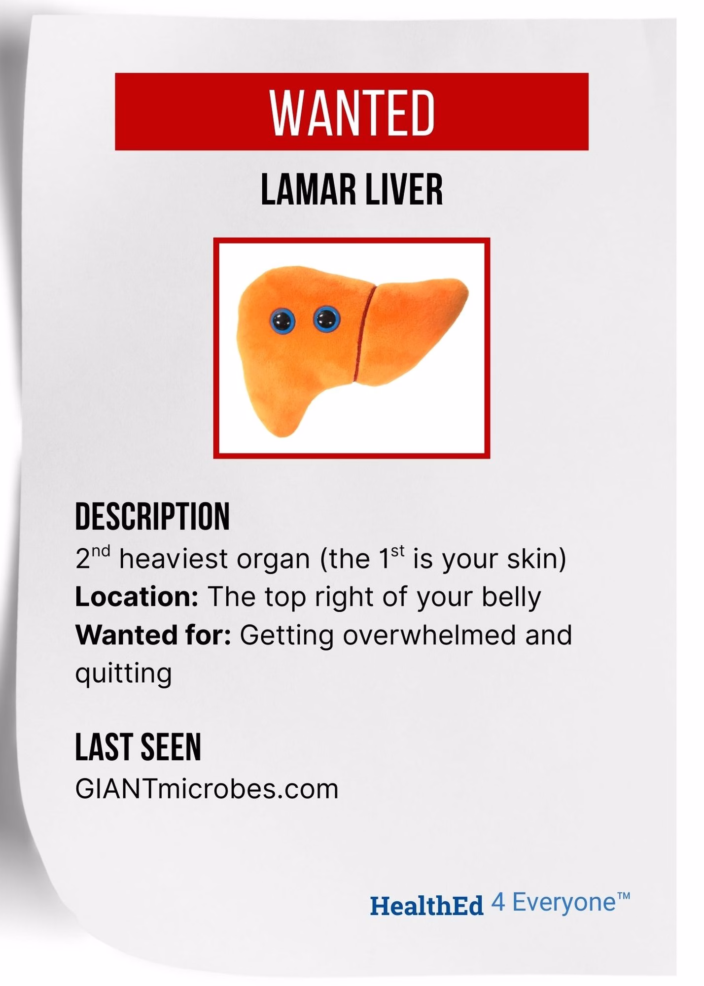 Lamar Liver wanted poster displaying orange liver character with detoxification crime description