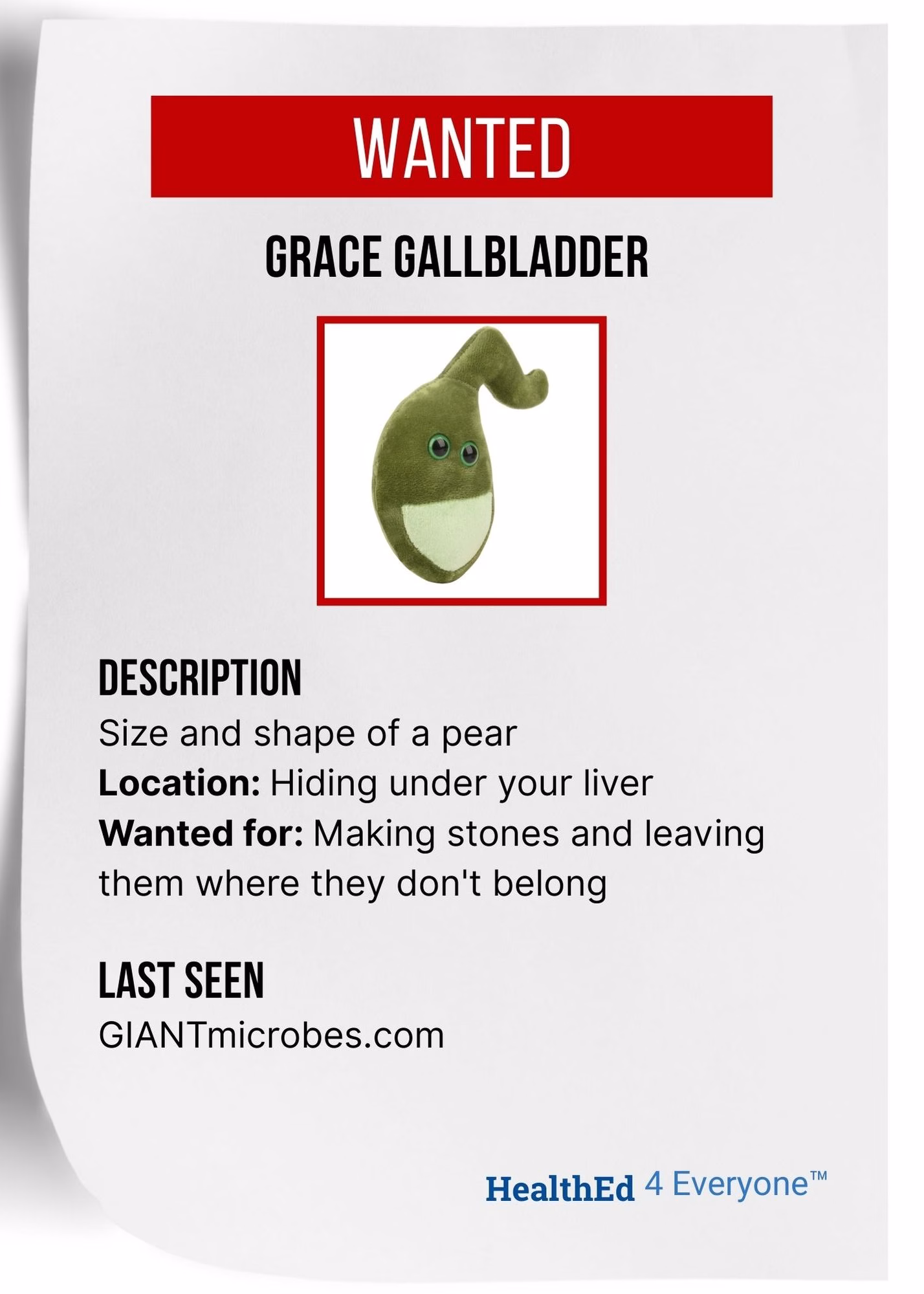 Grace Gallbladder wanted poster showing green gallbladder character with bile-related crime description