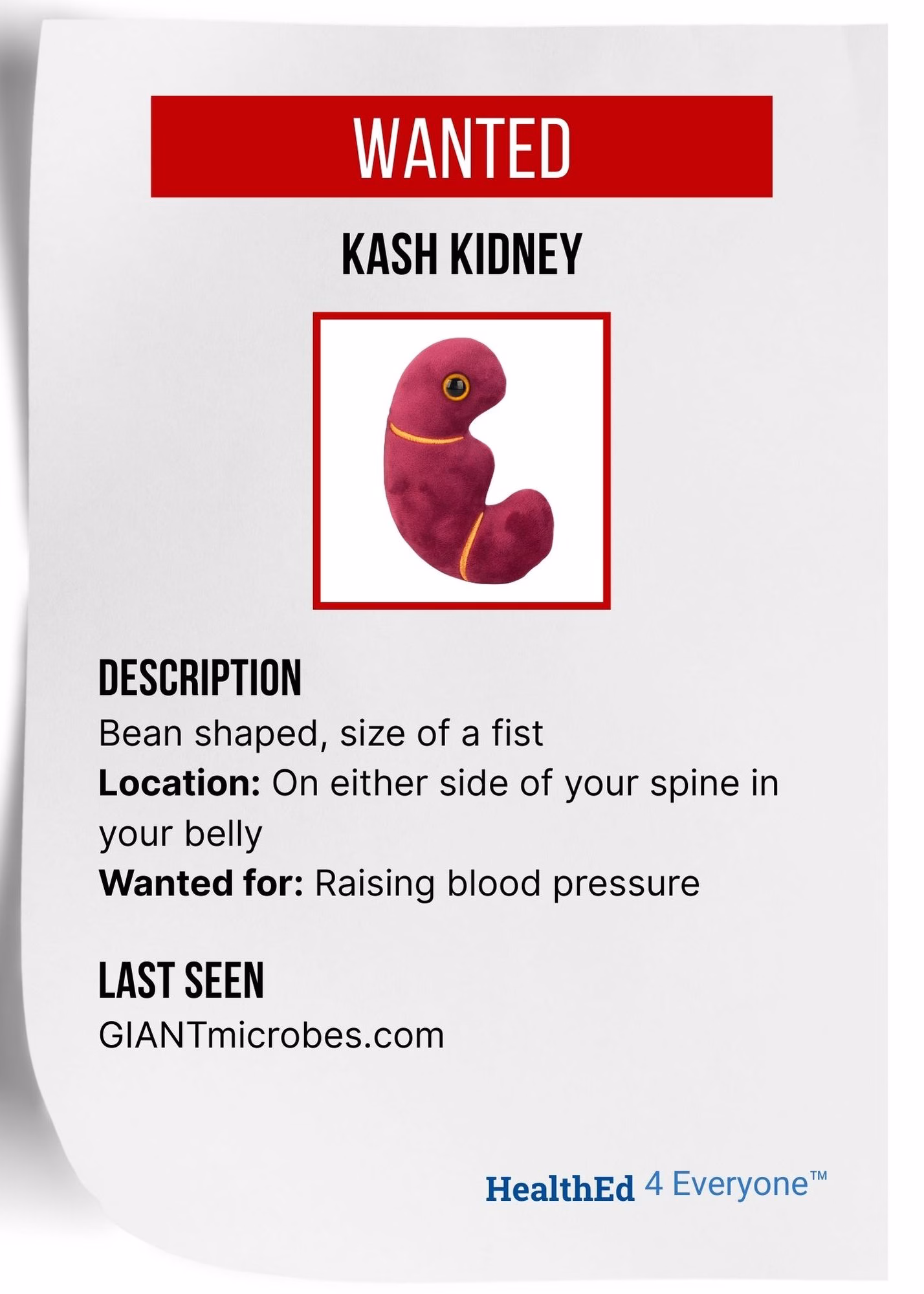 Kash Kidney wanted poster featuring red kidney character with blood pressure crime details