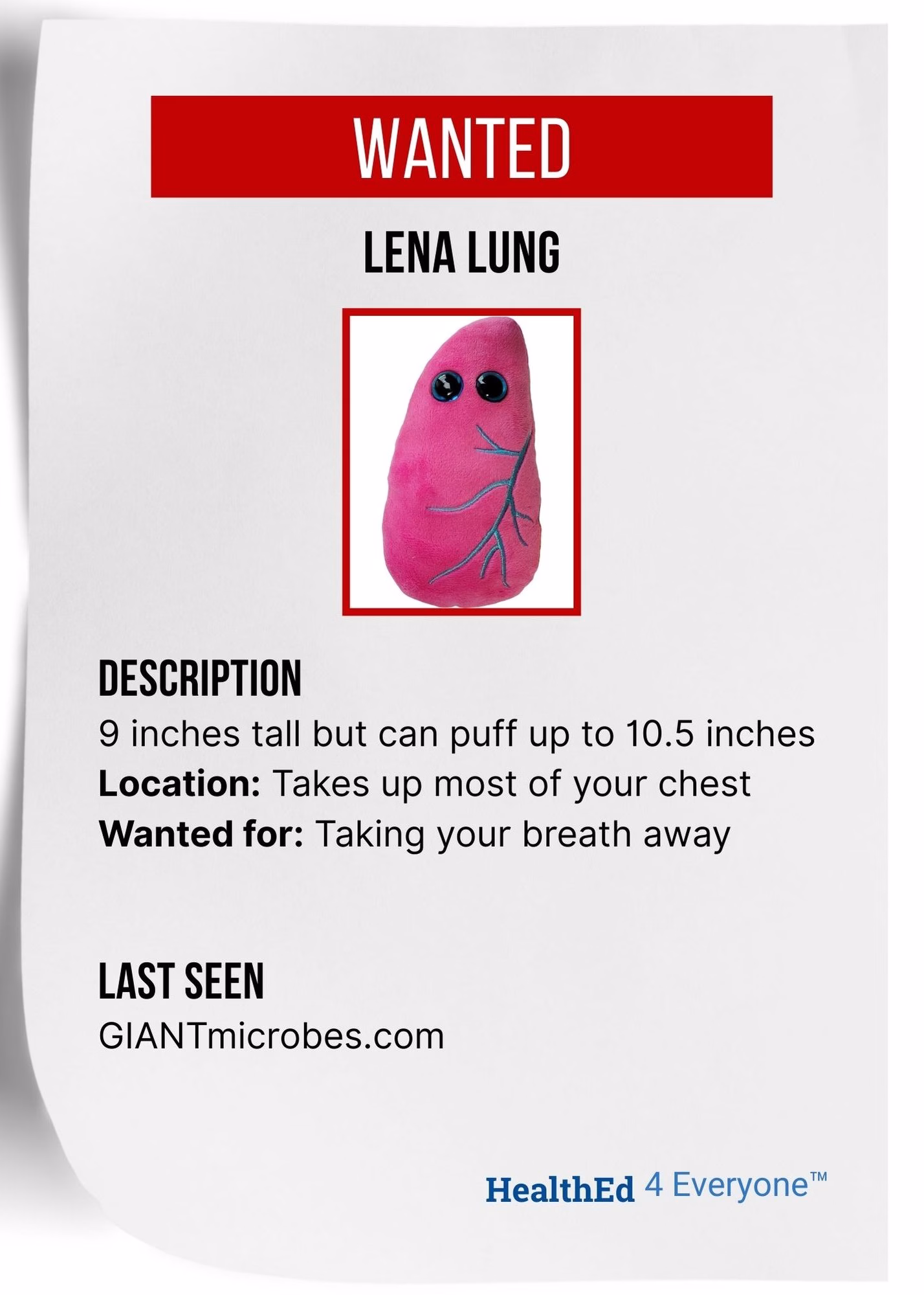 Lena Lung wanted poster showing pink lung character with breathing-related crime details