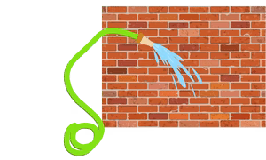 Illustration of a gentle garden hose spray against an intact brick wall, representing normal blood pressure that keeps arteries safe