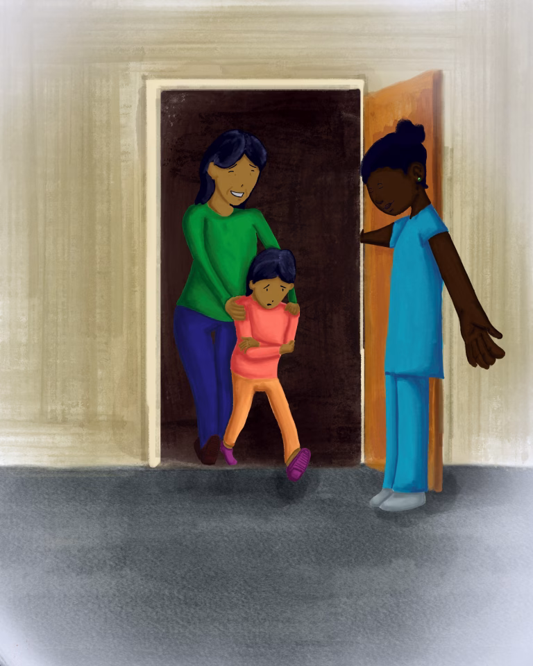 Illustration from "I Can Go to the Doctor": a worried child holds onto their parent at the doorway of an exam room as a nurse welcomes them in.