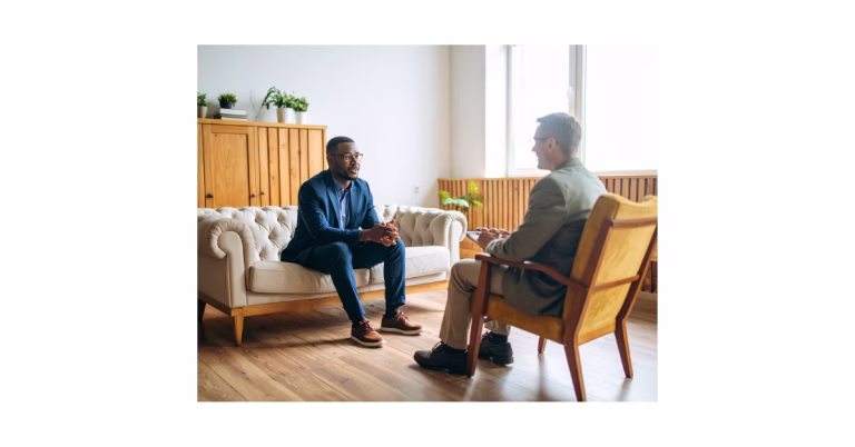 Two people sitting in comfortable chairs facing each other in a warm therapy office with natural wood paneling, a white couch, and natural light. The room has a calm, welcoming atmosphere with plants and warm lighting.