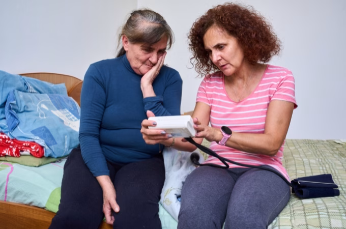Two women sitting on a bed looking concerned while checking a blood pressure monitor reading