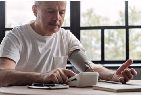 Older man sitting at table using upper arm blood pressure monitor, with arm rested at heart level while taking a reading