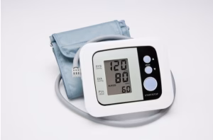Photo of a home blood pressure monitor and cuff