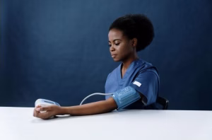Woman sitting quietly with eyes closed wearing blood pressure cuff during measurement