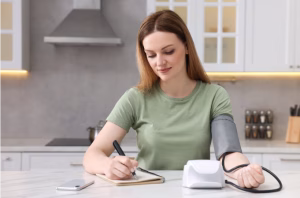 Person at kitchen table with blood pressure cuff on arm, writing results in notebook while monitor sits nearby