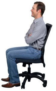 Man sitting in office chair with back supported and feet flat on floor