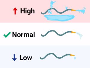 Three garden hoses: red up arrow for high pressure with leak, green checkmark for normal flow, blue down arrow for low pressure barely dripping