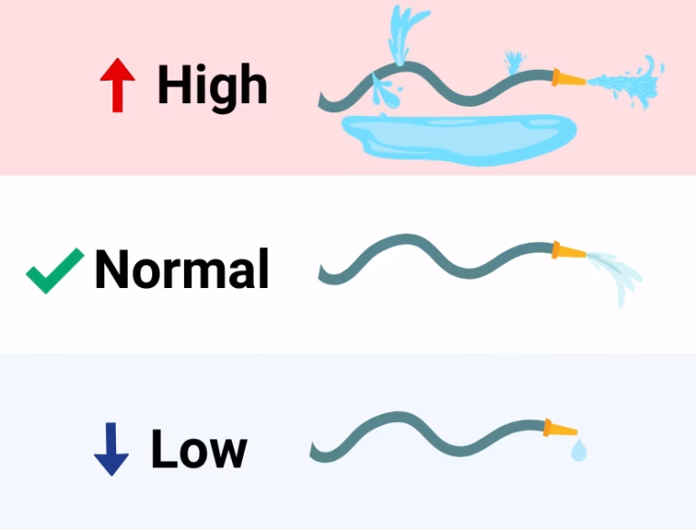 Three garden hoses: red up arrow for high pressure with leak, green checkmark for normal flow, blue down arrow for low pressure barely dripping